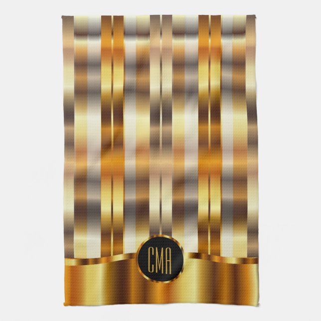 Paño De Cocina Rayas metálicas del oro del monograma (Vertical)