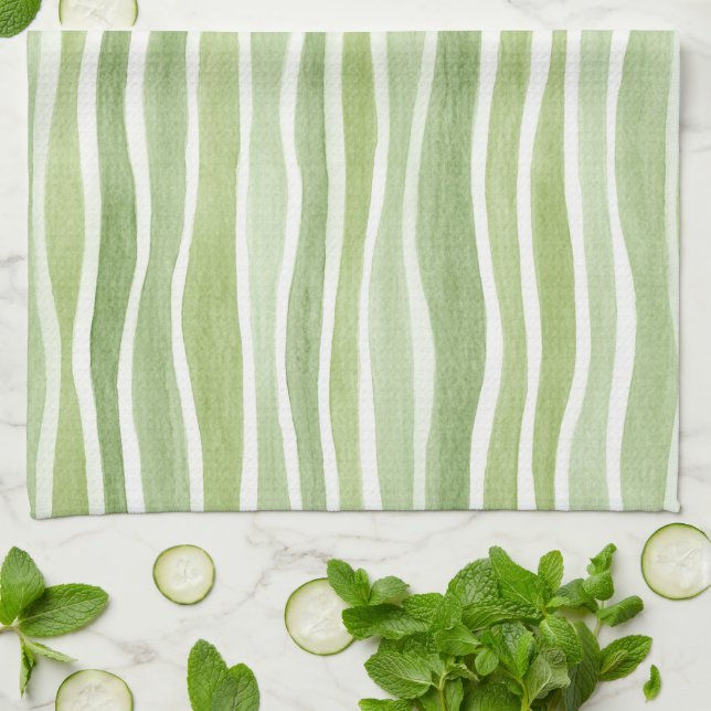 Paño De Cocina Rayas Onduladas de Crema Verde Lima (Doblado)