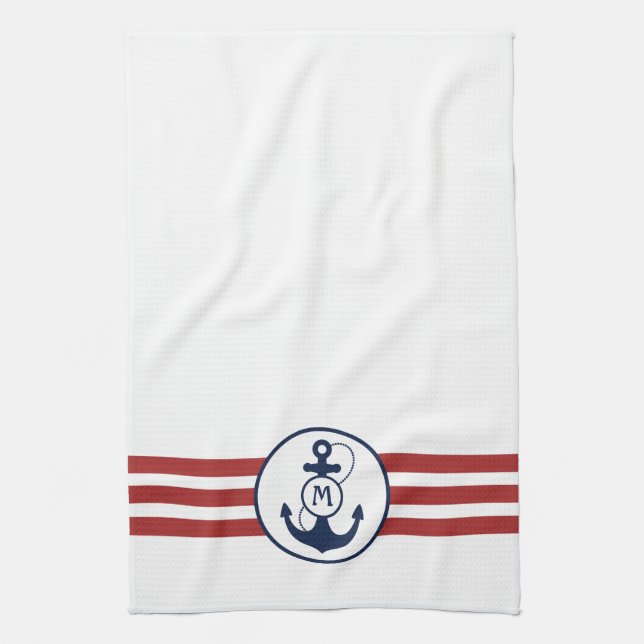 Paño De Cocina Rayas rojas con el ancla y el monograma azules (Vertical)