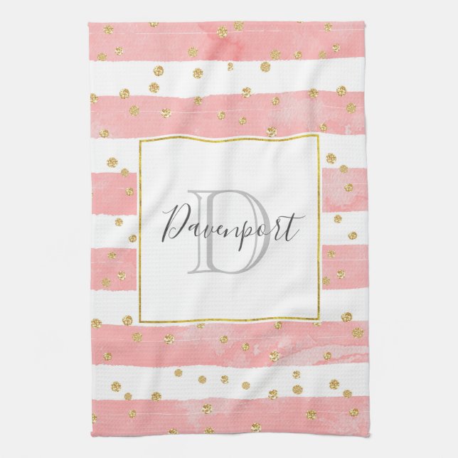 Paño De Cocina Rayas Rubor rosadas | Monograma Faux Gold Confetti (Vertical)