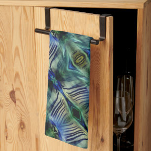 Paño De Cocina Rayas transversales curvadas en azul y verde llama