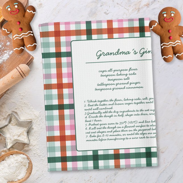 Paño De Cocina Receta de Gingham Family Keepsake (Christmas Recipe Kitchen Towel with a modern plaid pattern. Add your recipe personalized keepsake.)