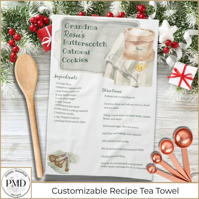 Paño De Cocina Receta de la abuela | Personalización de la cookie (Grandma Recipe Rustic Butterscotch Cookie Personalized Kitchen Tea Towel with her name, recipe.)