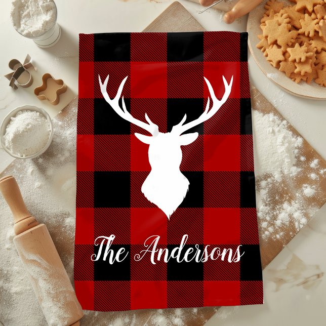 Paño De Cocina Red Buffalo Plaid & Deer | Entrega de nombre perso (Subido por el creador)