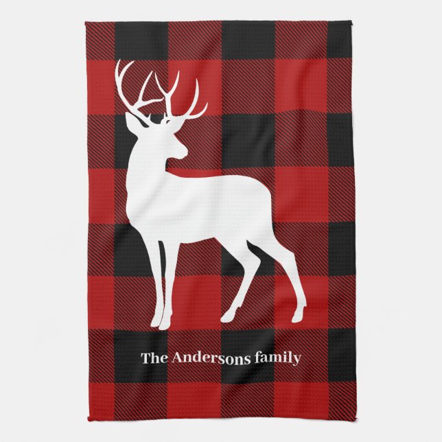 Paño De Cocina Red Buffalo Plaid & Deer | Entrega de nombre perso (Vertical)