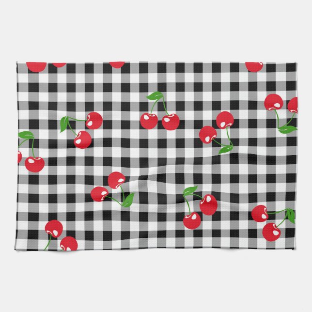 Paño De Cocina Red Cherry Gingham Black & White Buffalo Plaid (Horizontal)