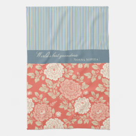 Paño De Cocina Red Floral Block Print w Blue Stripes