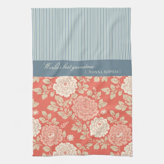 Paño De Cocina Red Floral Block Print w Blue Stripes (Vertical)