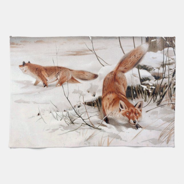 Paño De Cocina Red Foxes in the Winter Snow (by Wilhelm Kuhnert) (Horizontal)