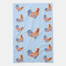 Paño De Cocina Red Funny Rooster Cockerel Blue and White Spots