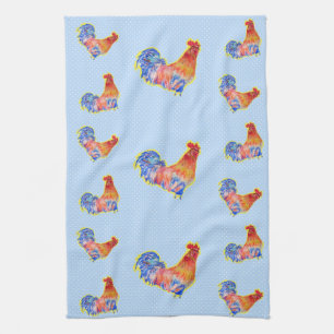 Paño De Cocina Red Funny Rooster Cockerel Blue and White Spots
