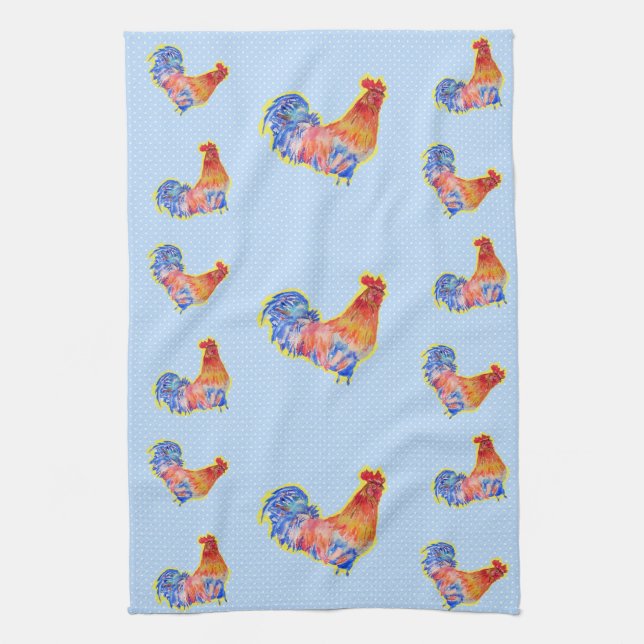 Paño De Cocina Red Funny Rooster Cockerel Blue and White Spots (Vertical)