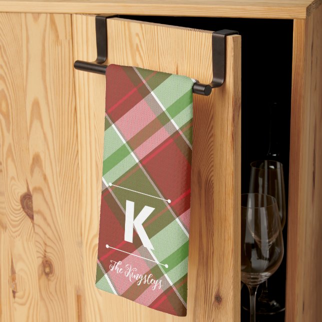 Paño De Cocina Red Green Plaid Christmas Personalized Monogram (Pliegue de tercios)
