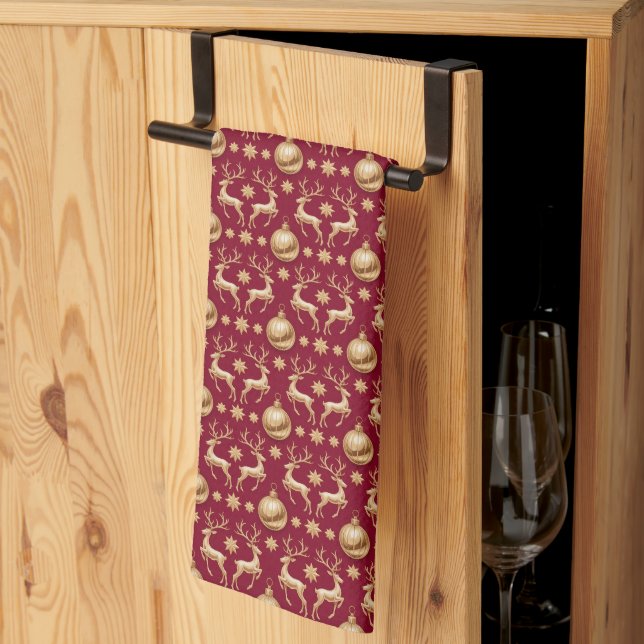 Paño De Cocina Red Holiday Kitchen Towels with Golden Reindeer (Pliegue de tercios)