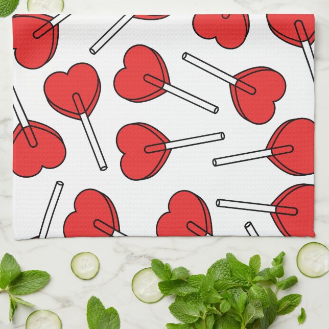 Paño De Cocina Red Lollipops, Heart Lollipops, Lollipop Pattern (Doblado)