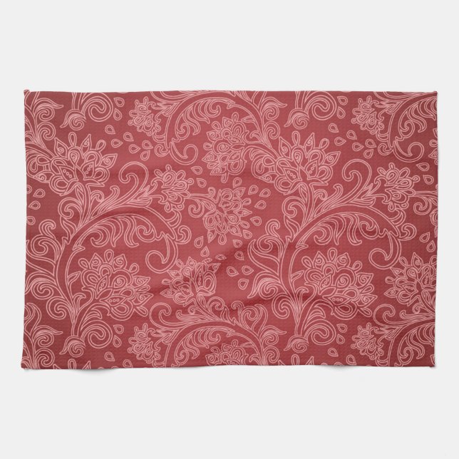 Paño De Cocina Red Paisley Damask Designer Floral Classic (Horizontal)