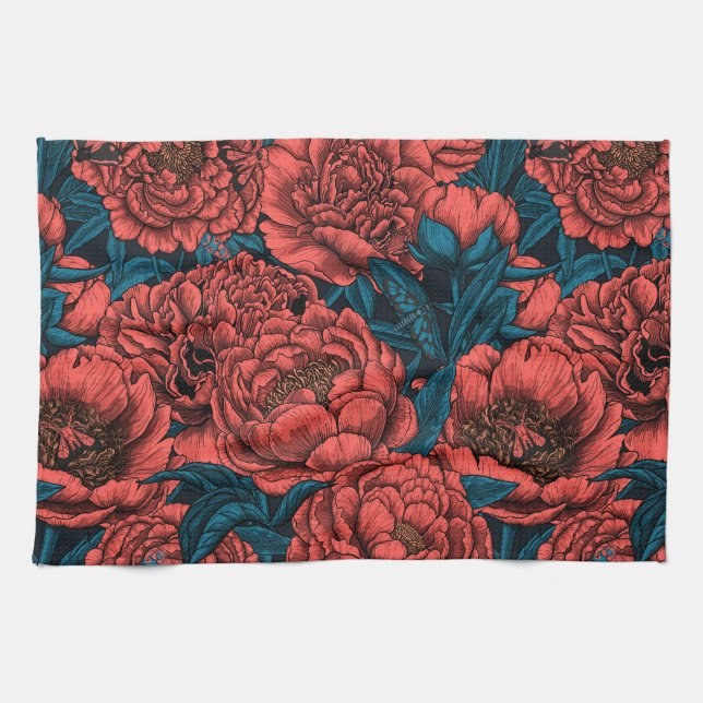 Paño De Cocina Red peony flowers and moths (Horizontal)