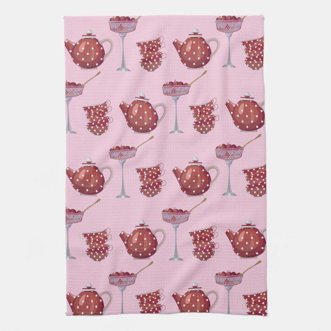 Paño De Cocina Red Spotty Tea Set and Strawberries Pink Pattern (Vertical)