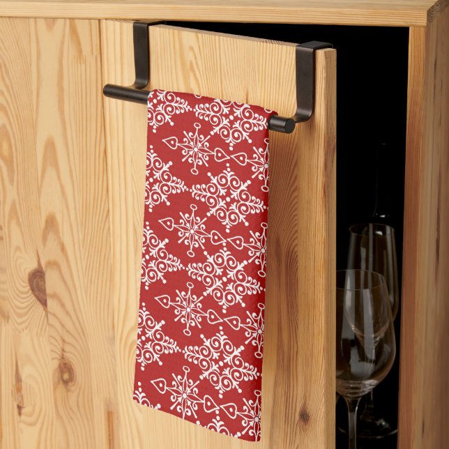 Paño De Cocina Red White Ornamental Snowflake Pattern (Pliegue de tercios)