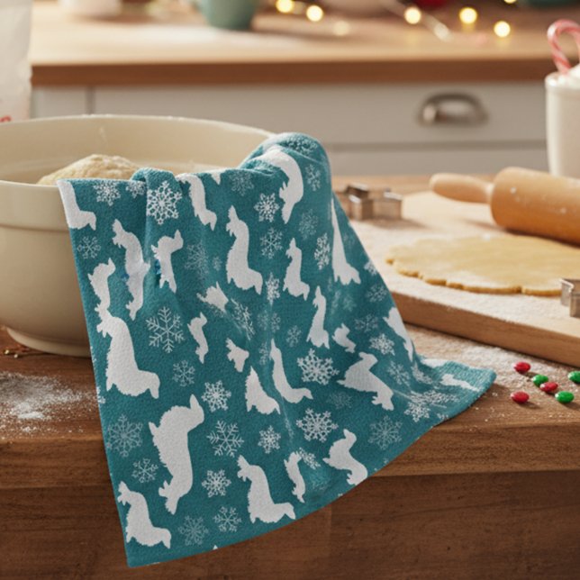 Paño De Cocina Regalo de Navidades de Long Hair Dachshund Verde a (Long hair dachshund - blue Christmas dish towel - hostess or white elephant gift for wiener dog moms)