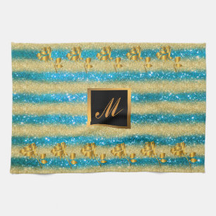 Paño De Cocina Regalo floral azul Purpurina de oro de lujo