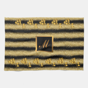 Paño De Cocina Regalo floral negro Purpurina de oro de lujo