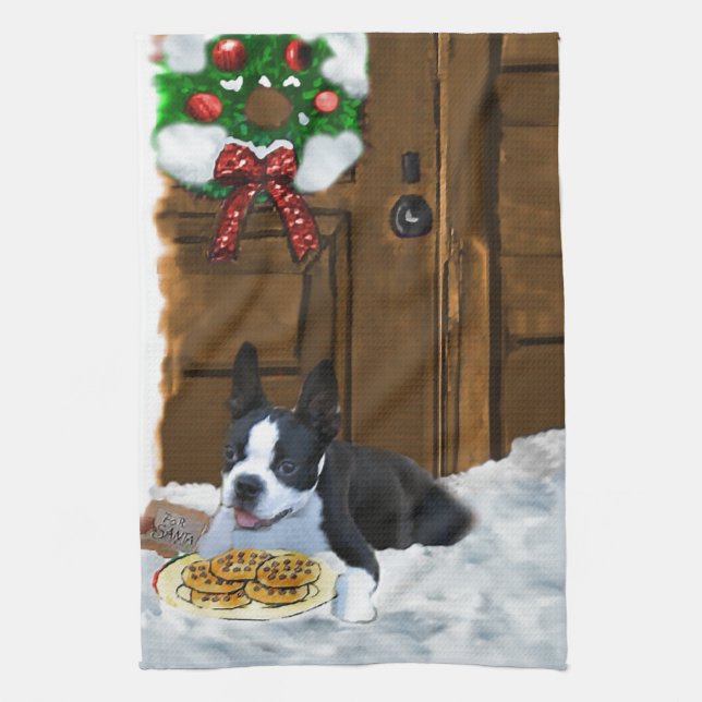 Paño De Cocina Regalos de Navidades de Boston Terrier (Vertical)