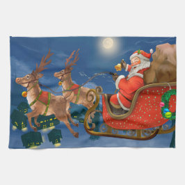 Paño De Cocina Reindeer sacando a Santa Claus Sleigh | NAVIDADES