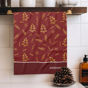 Paño De Cocina Relieve metalizado dorado Navidad Patrón Árbol Fes