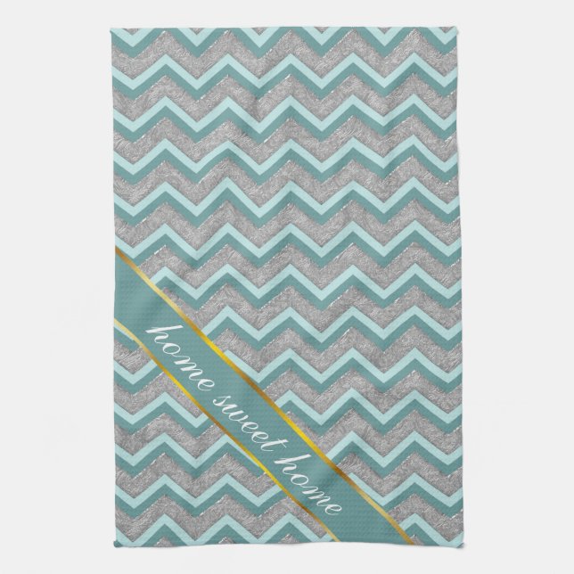 Paño De Cocina Relieve metalizado plateado y ZigZag Verde azulado (Vertical)