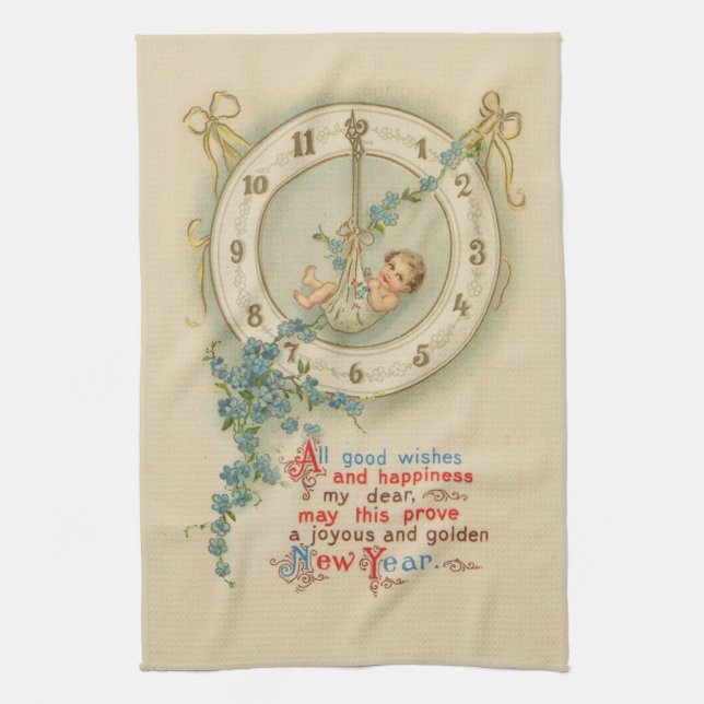 Paño De Cocina Reloj Antiguo Bebé de Año Nuevo (Vertical)