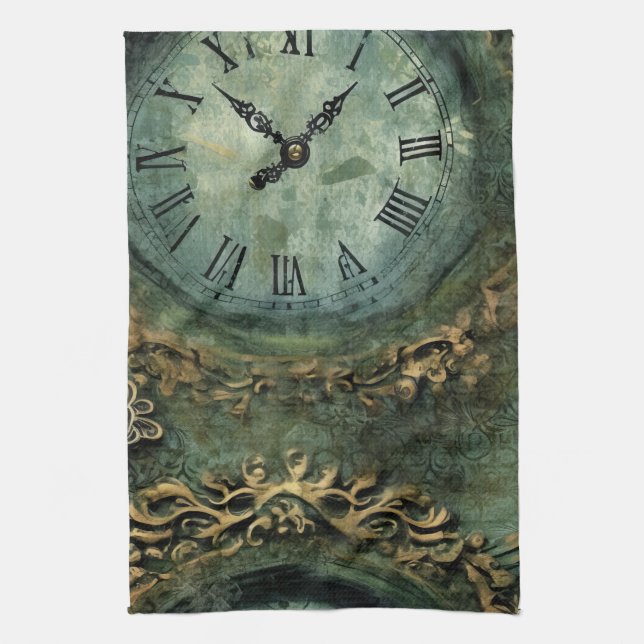 Paño De Cocina Reloj Steampunk Rústico Verde Esmeralda (Vertical)