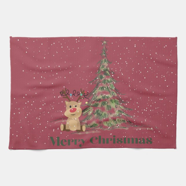 Paño De Cocina Reno lindo en el niño de Navidades de nieve (Horizontal)