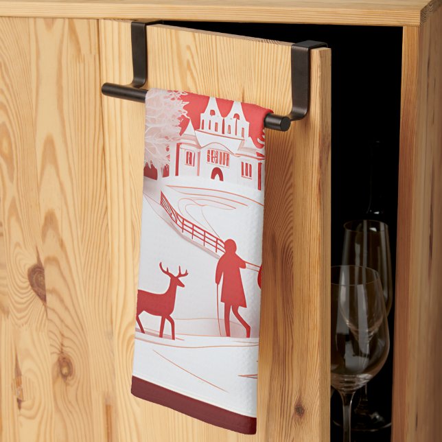 Paño De Cocina Renos 3D y personas en las aldeas (Pliegue de tercios)