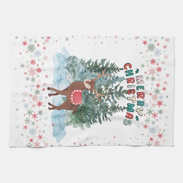 Paño De Cocina Renos De Navidad De Feliz Verde Y Rojo (Horizontal)
