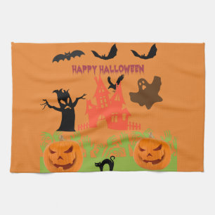 Paño De Cocina Resplandor Naranja Silueta Embrujada de Halloween 