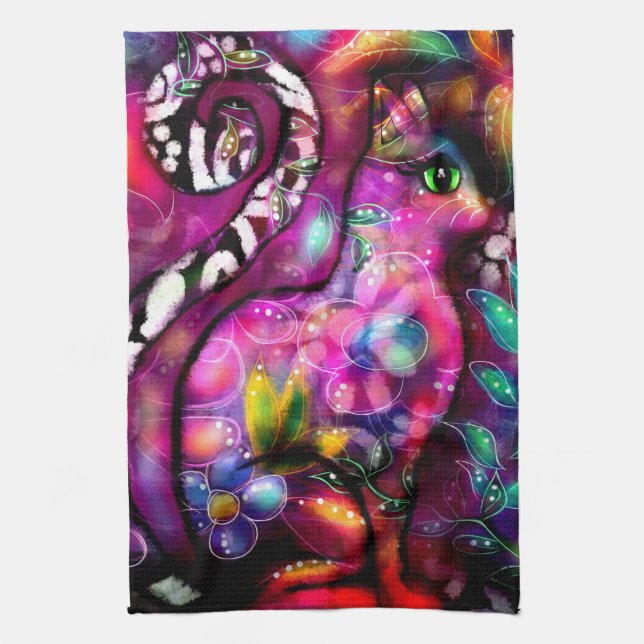 Paño De Cocina Resumen caprichoso Gato Kitty Floral Rojo Rosa (Vertical)