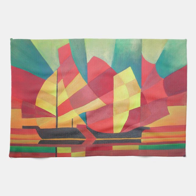 Paño De Cocina Resumen cubista de velas y cielos oceánicos (Horizontal)