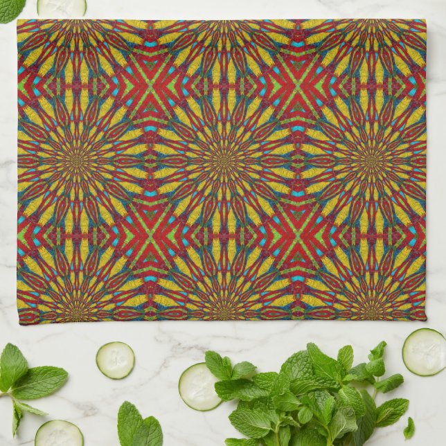 Paño De Cocina Resumen de la tribu floral amarilla y roja hippie (Doblado)