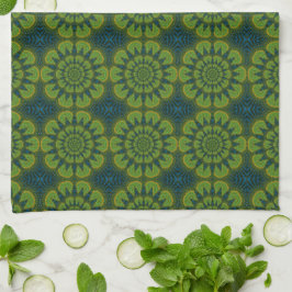 Paño De Cocina Resumen étnico de flores azules hippie verde y mar