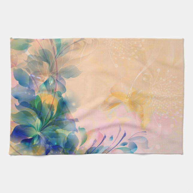 Paño De Cocina Resumen Fondo Floral Azul Y Beige (Horizontal)