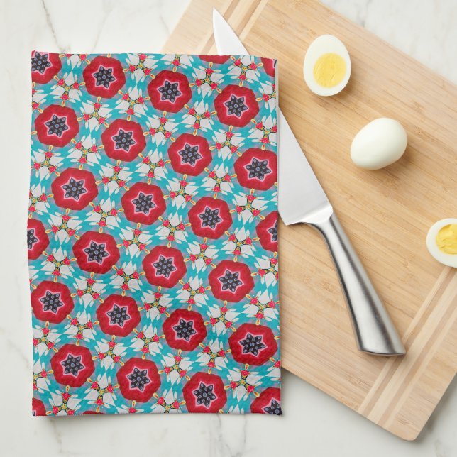 Paño De Cocina Resumen geométrico de la flor azul roja (Doblado Cuarto)