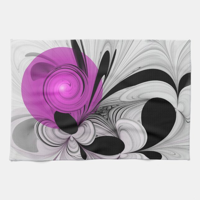 Paño De Cocina Resumen Gris Negro Con Arte Fractal Magenta (Horizontal)