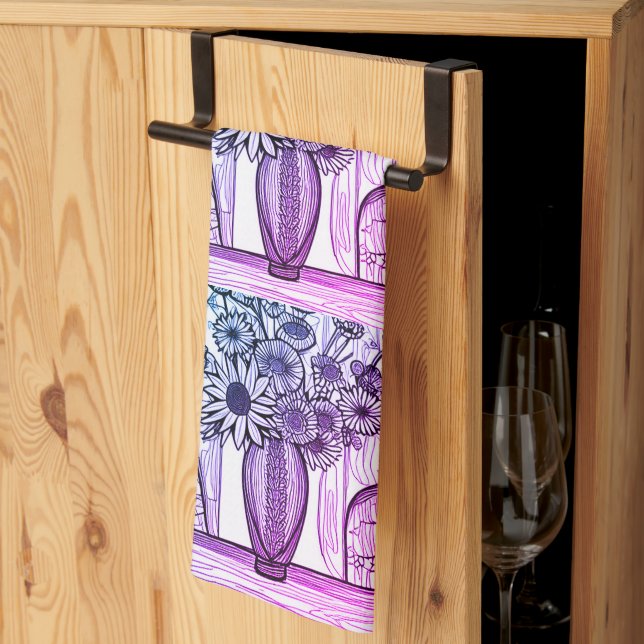 Paño De Cocina Resumen Línea Dibujo Floral Arte Azul púrpura (Pliegue de tercios)