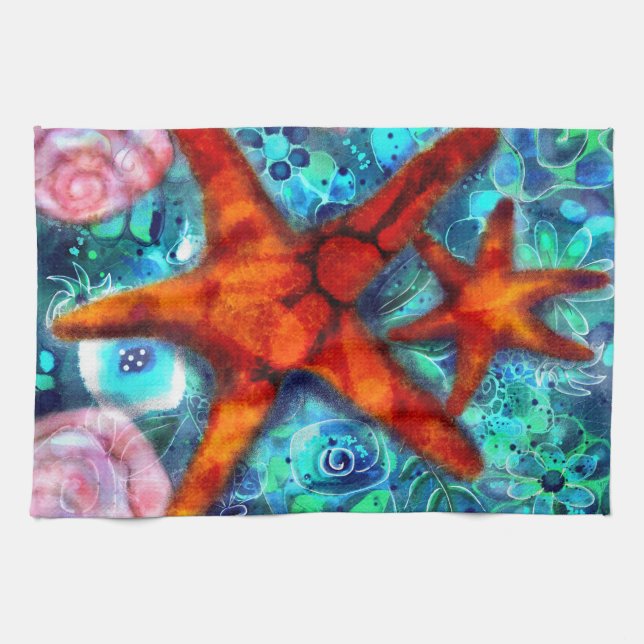 Paño De Cocina Resumen náutico costero de Starfish Seashells Beac (Horizontal)