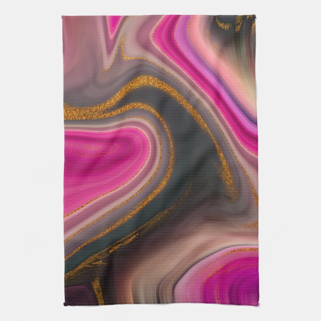 Paño De Cocina Resumen rosa y negro con naves doradas (Vertical)