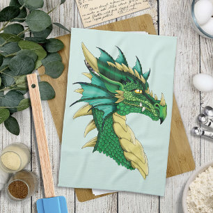 Paño De Cocina Retrato de Cabeza de Dragón Verde Esmeralda Fantas