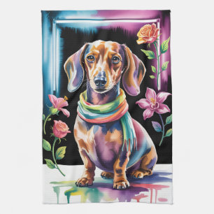Paño De Cocina Retrato de Dachshund en luz de neón y marco floral