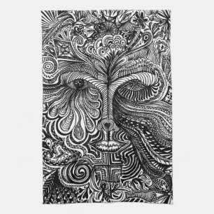 Paño De Cocina Retrato de la línea trippy en blanco y negro