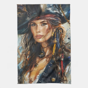 Paño De Cocina Retrato de mujer pirata en acuarela